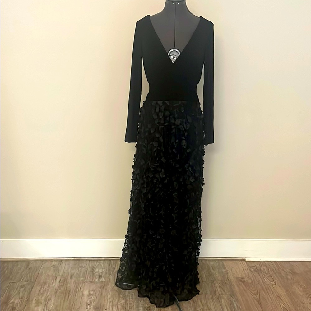 Xscape Black Long Sleeve V-Neck Evening Gown